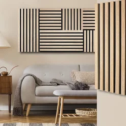 Decoon Panneau Tasseau Bois<Plaque murale tasseaux 60 x 30 x 1,9 cm - Lattes chêne clair véritable fond noir 0,18m²