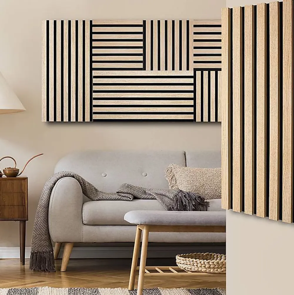 Decoon Panneau Tasseau Bois<Plaque murale tasseaux 60 x 30 x 1,9 cm - Lattes chêne clair véritable fond noir 0,18m²