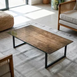 Tulup Plateau en verre trempé 140x70 cm Structure de planches en bois- Plateau En Verre