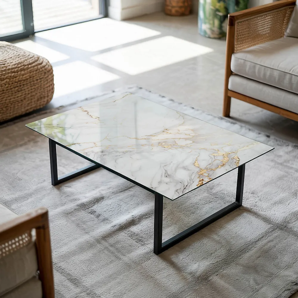 Tulup Plateau en verre trempé 80x60 cm Marbre élégant avec veines- Plateau En Verre