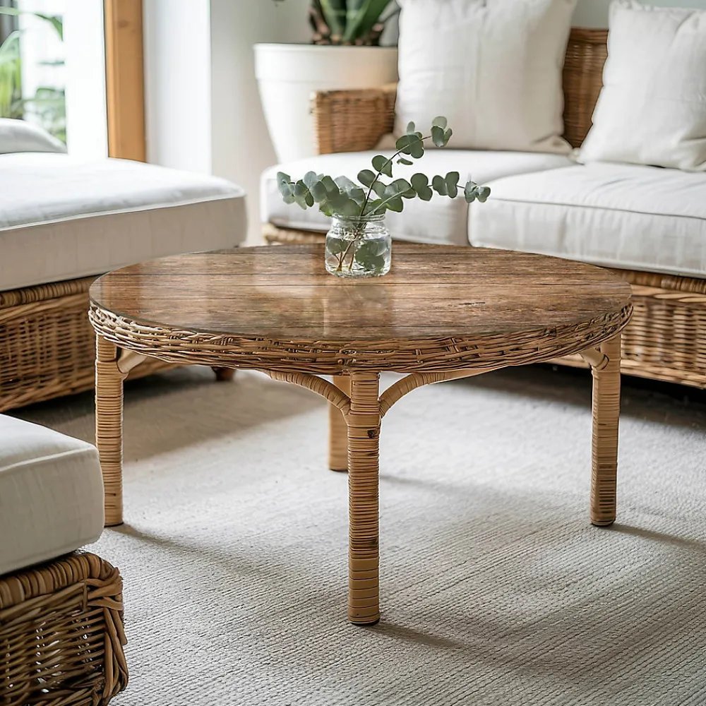 Tulup Plateau en verre trempé fi50 cm Structure de planches en bois- Plateau En Verre