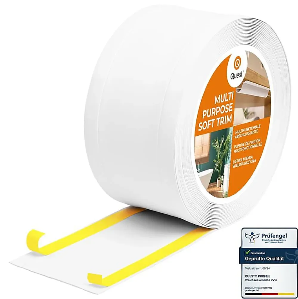 Quest Plinthe de finition W1 en PVC 6,en,1 95 mm, baguette autocollante, masquante, plinthe souple pour sol et mur, blanc, 5 m- Plinthe Pour Sol En Vinyle Et Pvc