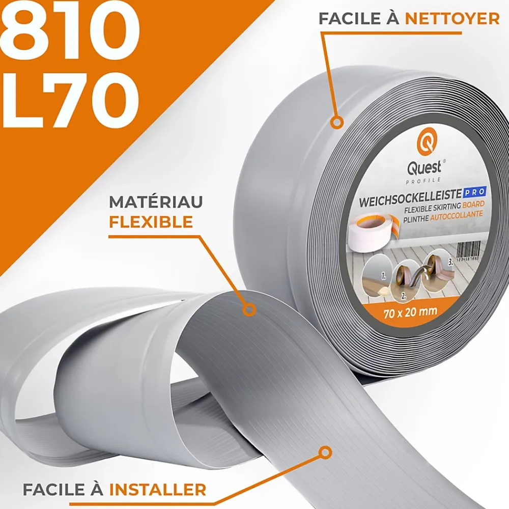 Quest Plinthe Pour Sol En Vinyle Et Pvc<Plinthe en PVC Flexible 70x20mm, 1m, Plinthe Souple et Élastique pour Finitions et Surfaces de Jonction, gris