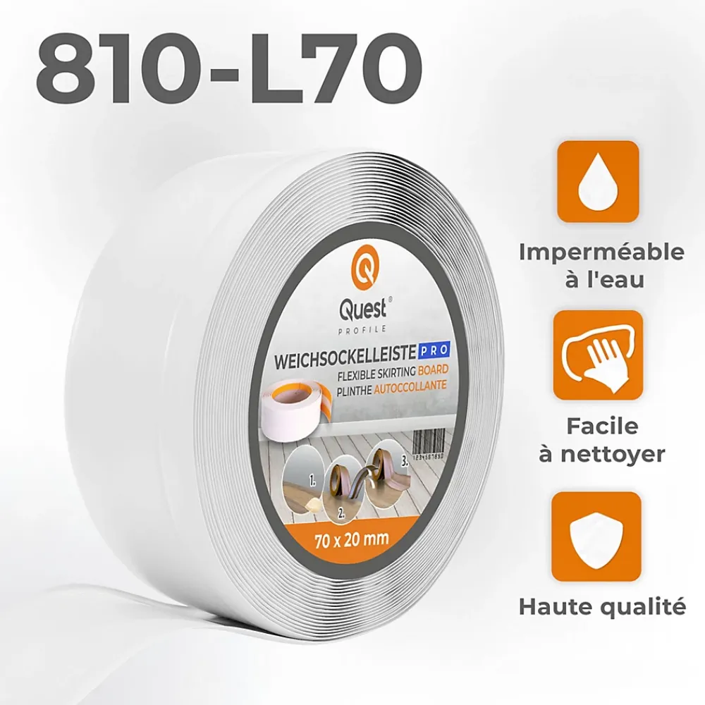 Quest Plinthe Pour Sol En Vinyle Et Pvc<Plinthe en PVC Flexible 70x20mm, 5m, Plinthe Souple et Élastique pour Finitions et Surfaces de Jonction, blanc