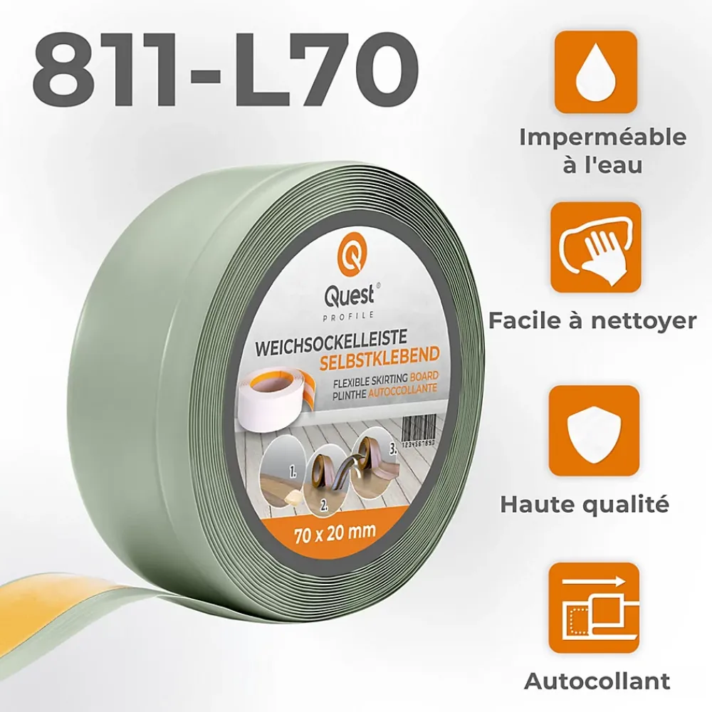 Quest Plinthe Souple Auto-Adhésive en PVC 70x20mm, 1m, Bande Flexible, Facile à Installer, Adaptée à Toutes Surfaces, vert clair- Plinthe Pour Sol En Vinyle Et Pvc