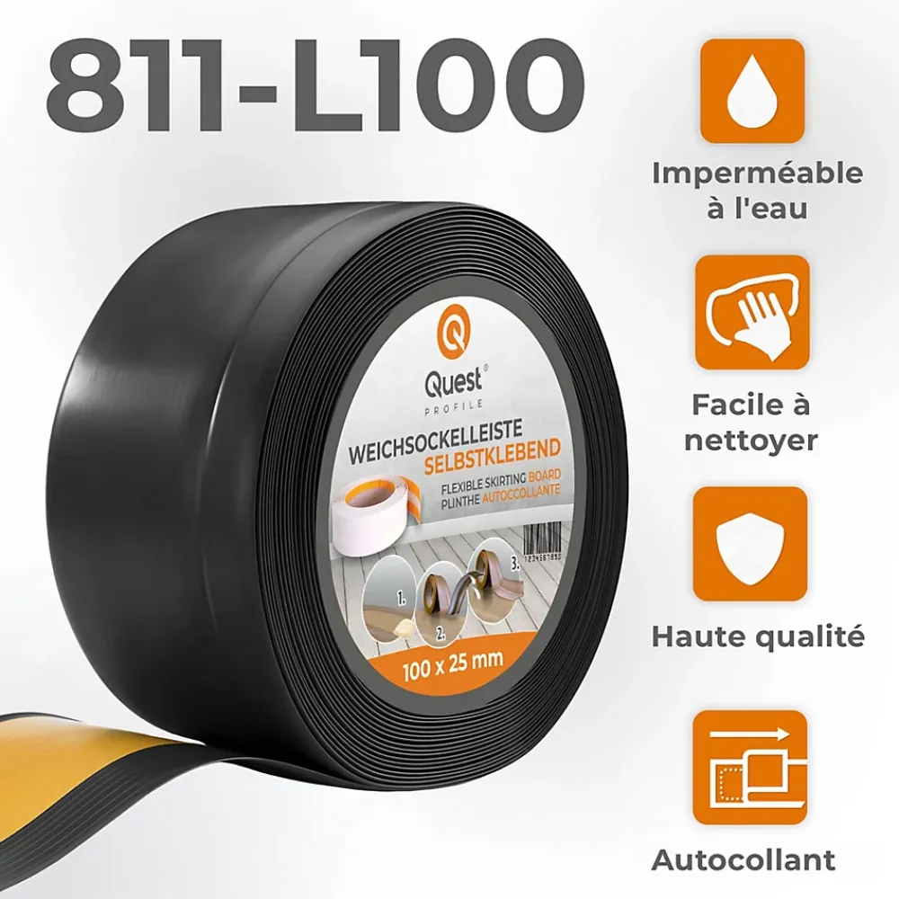 Quest Plinthe Souple Auto-Adhésive en PVC 100x25mm, 15m, Bande Flexible, Facile à Installer, Adaptée à Toutes Surfac, noir- Plinthe Pour Sol En Vinyle Et Pvc