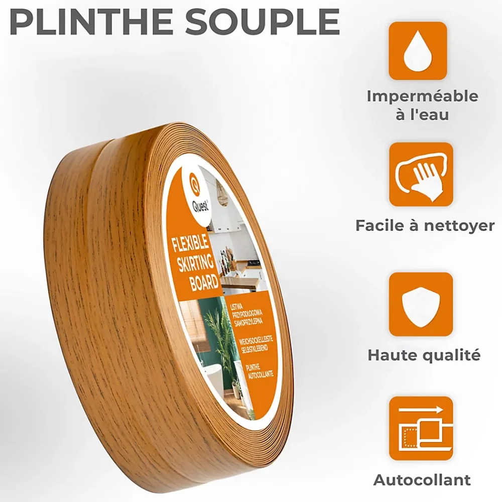 Quest Plinthe Souple Auto-Adhésive en PVC 50x20mm, 5m, Bande Flexible, Facile à Installer, sur Toutes les Surfaces, chêne rustique- Plinthe Pour Sol En Vinyle Et Pvc