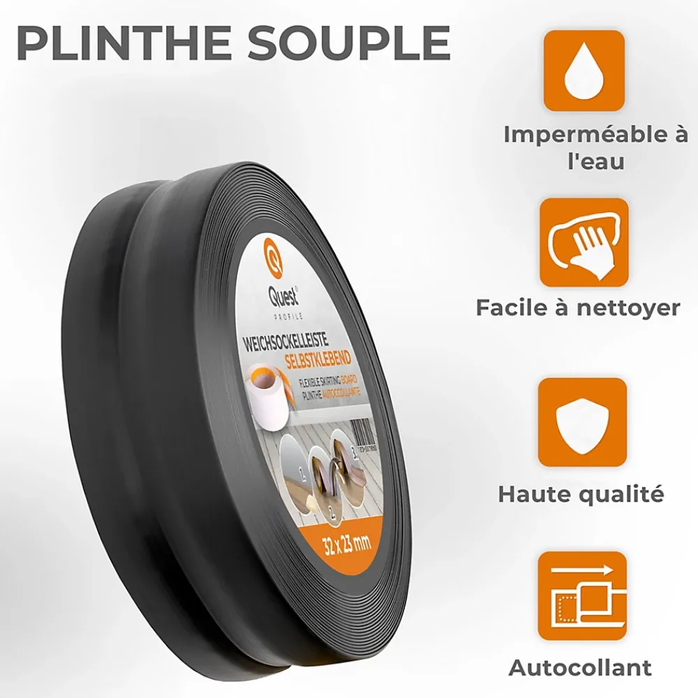 Quest Plinthe Pour Sol En Vinyle Et Pvc<Plinthe Souple Auto-Adhésive en PVC 32x23mm, 5m, Bande Flexible, Facile à Installer, sur Toutes les Surfaces, noir