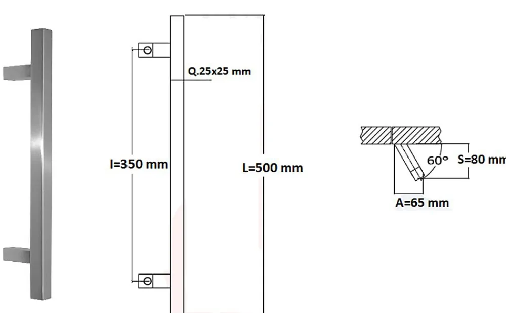 Hardwarexchange Poignée de tirage Carrée 25x25 mm - Entraxe350 - S80 - A65 - L500 mm - incliné 60 - INOX 304 Laqué RAL 9005 Noir Mat- Poignée De Porte Extérieure