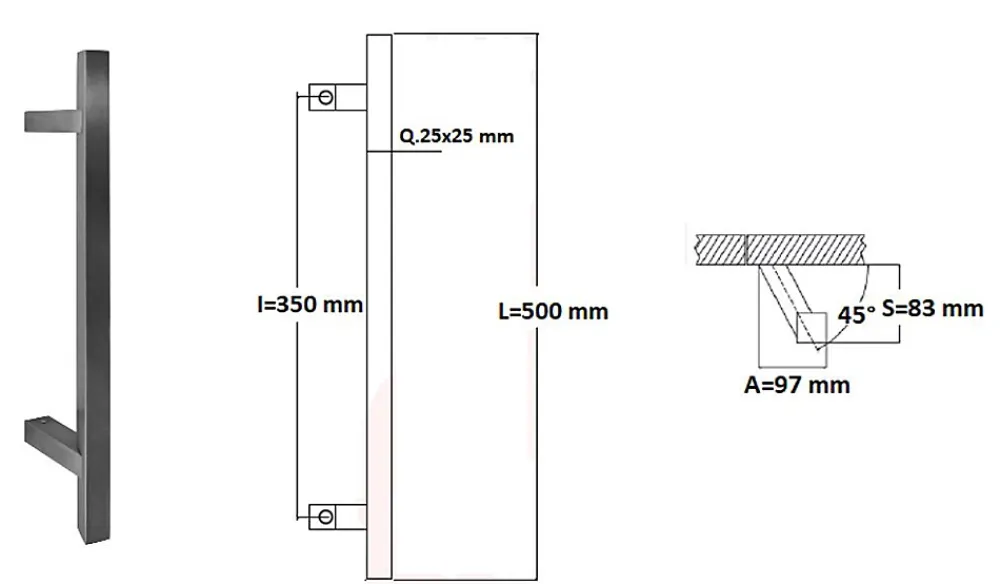 Hardwarexchange Poignée de tirage Carrée 25x25 mm - Entraxe350 - S85 - A70 - L500 mm - incliné 45 - INOX 304 Laqué RAL 9005 Noir Mat- Poignée De Porte Extérieure