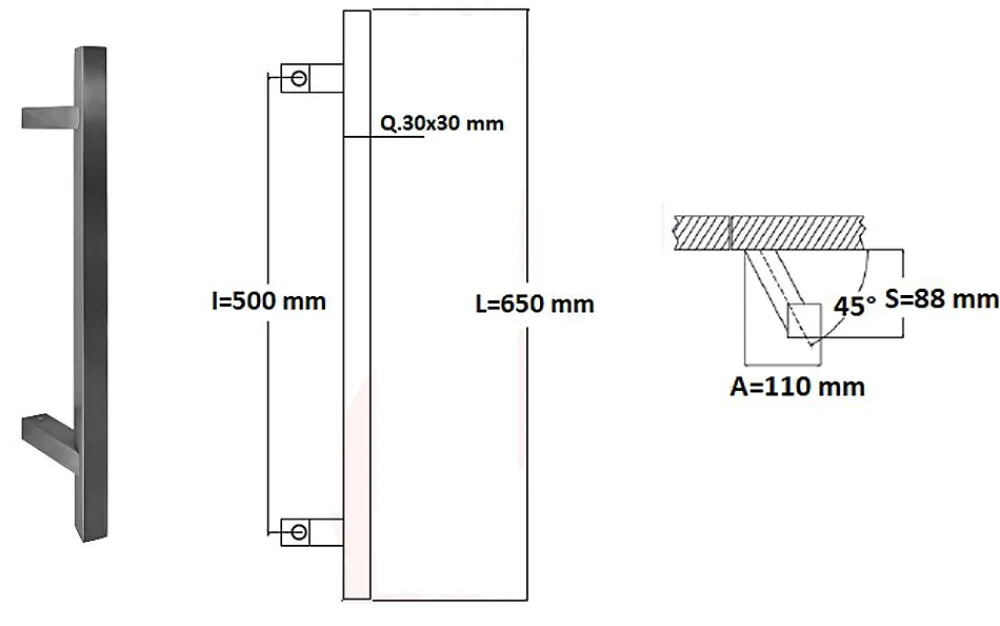 Hardwarexchange Poignée De Porte Extérieure<Poignée de tirage Carrée 30x30 mm - Entraxe500 - S90 - A75 - L650 mm - incliné 45 - INOX 304 Laqué RAL 9005 Noir Mat