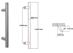 Hardwarexchange Poignée de tirage Diamètre 30 mm - Entraxe500 - S80 - A70 - L650 mm - inclinée 45 - INOX 304 satiné- Poignée De Porte Extérieure