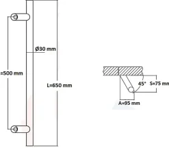 Hardwarexchange Poignée De Porte Extérieure<Poignée de tirage Diamètre 30 mm - Entraxe500 - S80 - A70 - L650 mm - inclinée 45 - INOX 304 Laqué RAL 9005 Noir Mat