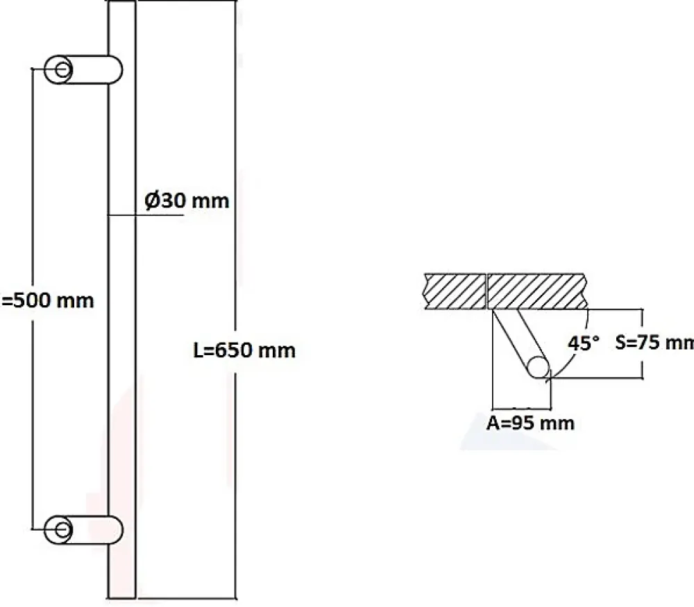 Hardwarexchange Poignée De Porte Extérieure<Poignée de tirage Diamètre 30 mm - Entraxe500 - S80 - A70 - L650 mm - inclinée 45 - INOX 304 Laqué RAL 9005 Noir Mat