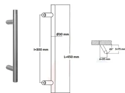 Hardwarexchange Poignée de tirage Diamètre 30 mm - Entraxe300 - S80 - A70 - L450 mm - inclinée 45 - INOX 304 Laqué RAL 9005 Noir Mat- Poignée De Porte Extérieure