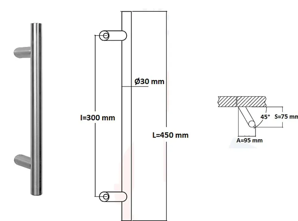Hardwarexchange Poignée de tirage Diamètre 30 mm - Entraxe300 - S80 - A70 - L450 mm - inclinée 45 - INOX 304 Laqué RAL 9005 Noir Mat- Poignée De Porte Extérieure