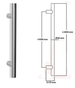 Hardwarexchange Poignée De Porte Extérieure<Poignée de tirage Diamètre 30 mm - Entraxe500 - S75 - L650 mm - INOX 304 poli