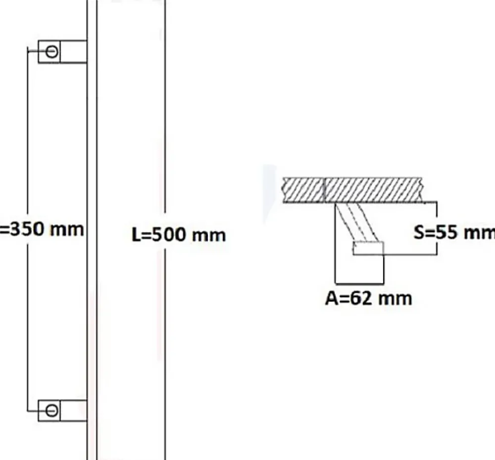 Hardwarexchange Poignée de tirage, inclinée 60, Rectangle 40x10 mm Entraxe 350 S 55 A 62 L 500 mm INOX 304 Laqué RAL 9005 Noir Mat- Poignée De Porte Extérieure