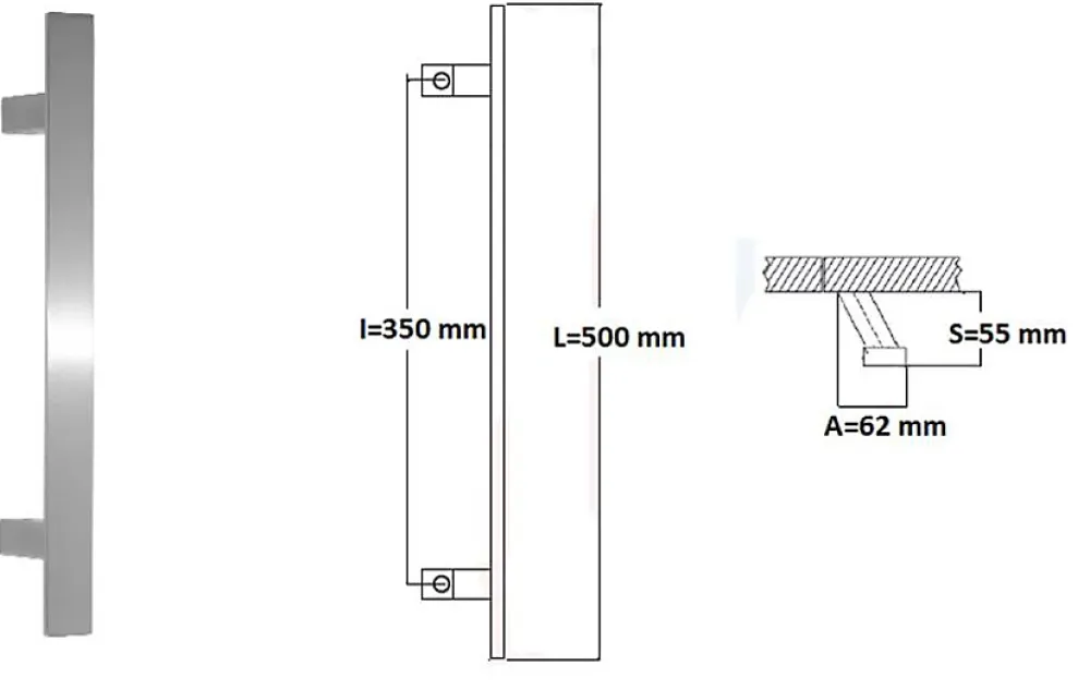 Hardwarexchange Poignée de tirage, inclinée 60, Rectangle 40x10 mm Entraxe 350 S 55 A 62 L 500 mm INOX 304 Laqué RAL 9005 Noir Mat- Poignée De Porte Extérieure