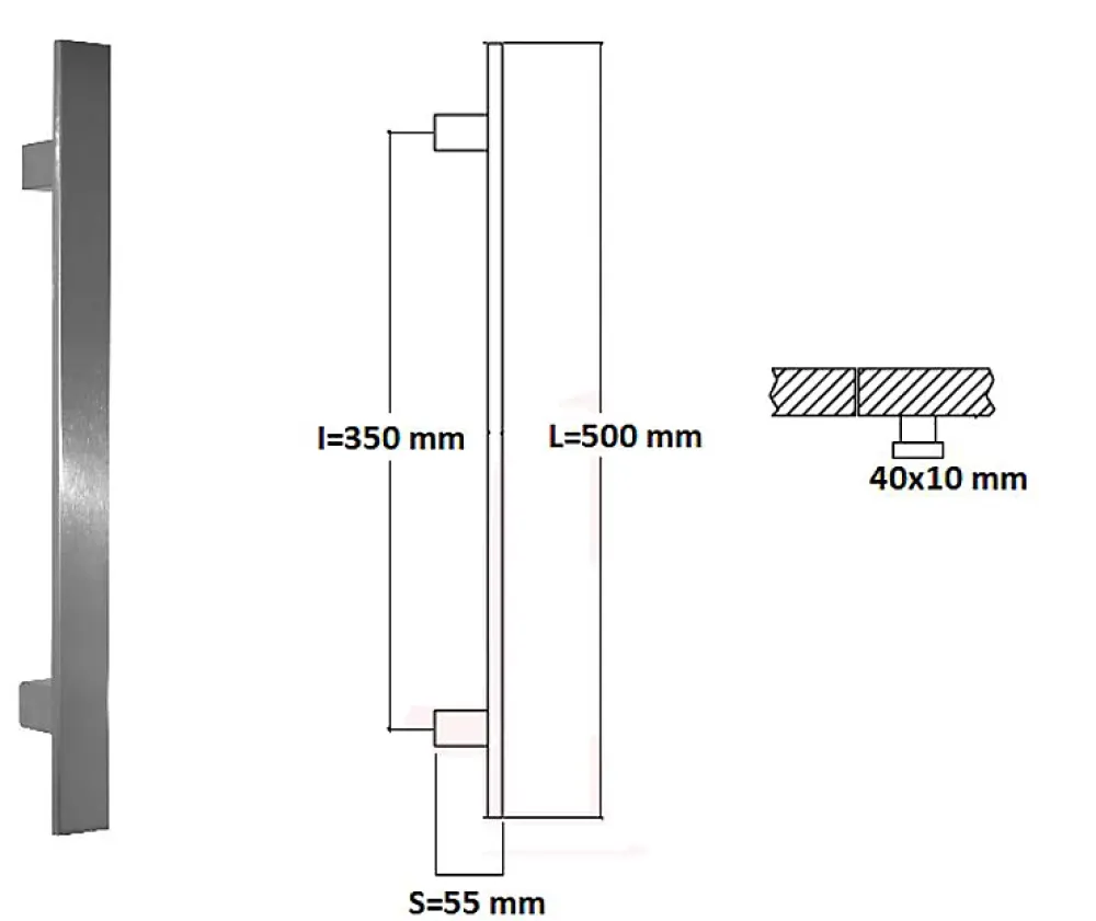 Hardwarexchange Poignée de tirage Rectangle 40x10 mm - Entraxe350 - S55 - L500 mm - INOX 304 satiné- Poignée De Porte Extérieure