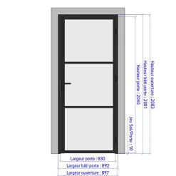 MySystem Bloc Porte<Porte battante noire H 2040 x L 830 mm - 3 verres clairs horizontaux + béquille noire
