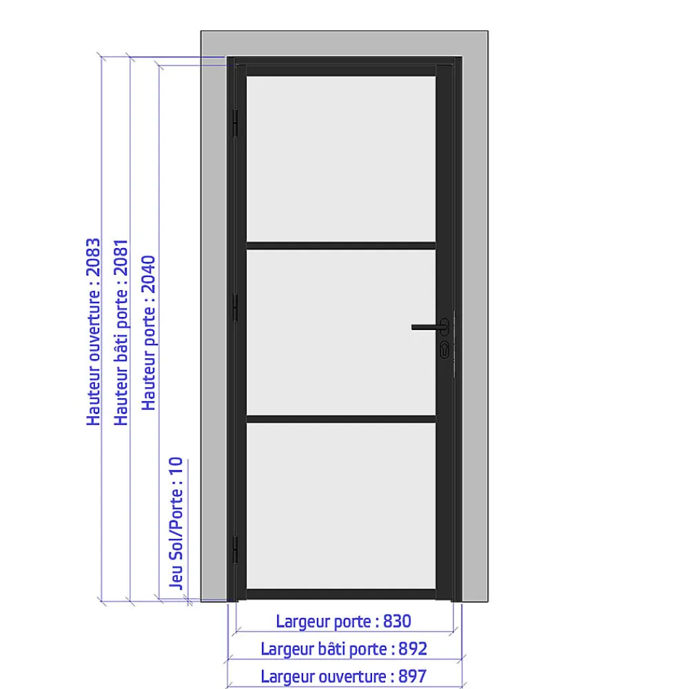 MySystem Porte battante noire H 2040 x L 830 mm - 3 verres opales horizontaux + béquille inox- Bloc Porte
