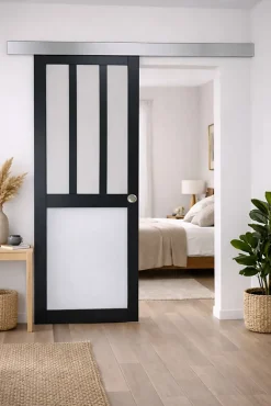 Gd Menuiseries Porte Coulissante<Porte Coulissante Atelier Noir, Blanc Vitrée H204 X L73, Rail Alu, Coquilles
