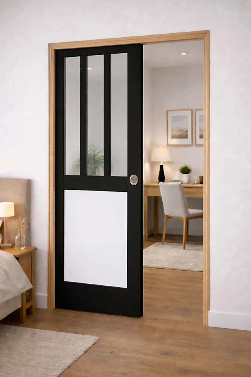 Gd Menuiseries Porte Coulissante Atelier Noir, Panneau Blanc Vitrée H204 X L83, Galandage, Kit De Finition- Porte Coulissante
