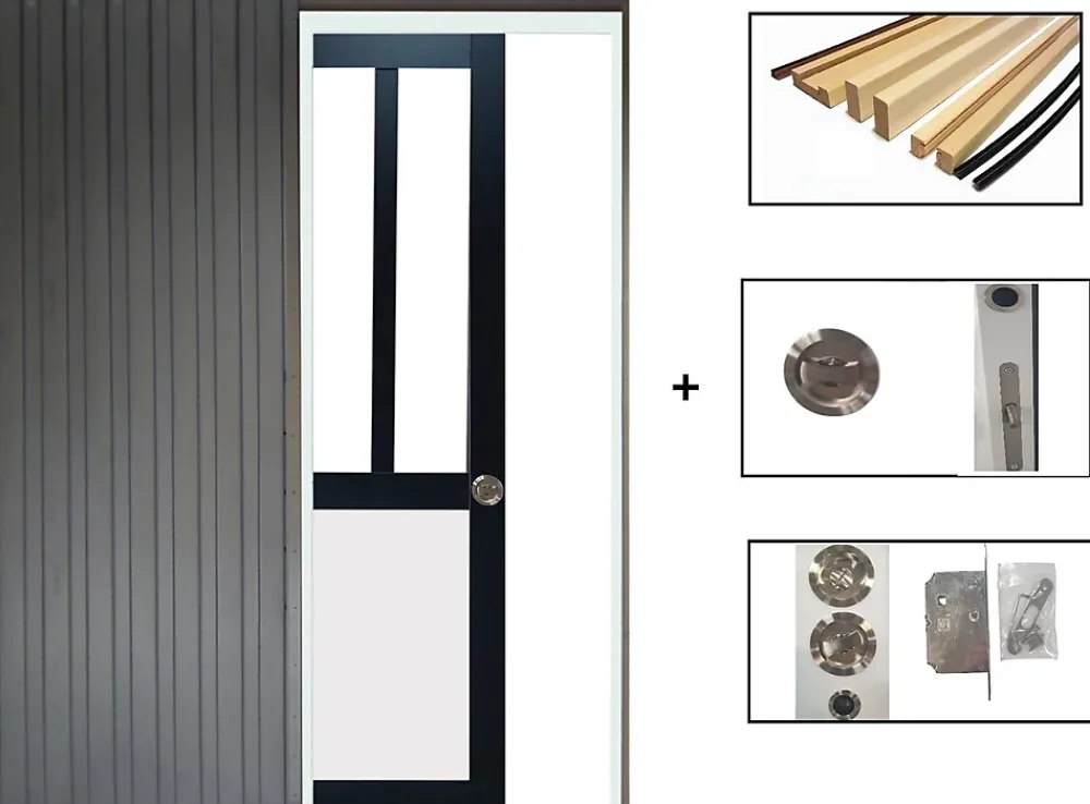 Gd Menuiseries Porte Coulissante Atelier Noir, Panneau Blanc Vitrée H204 X L83, Galandage, Kit De Finition- Porte Coulissante