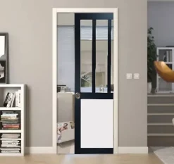 Gd Menuiseries Porte Coulissante Atelier Noir, Panneau Blanc Vitrée H204 X L83, Galandage, Kit De Finition- Porte Coulissante