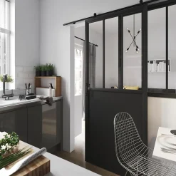 Porte Coulissante<Porte coulissante Atelier noire 3 vitrages H.204 x l.83 cm