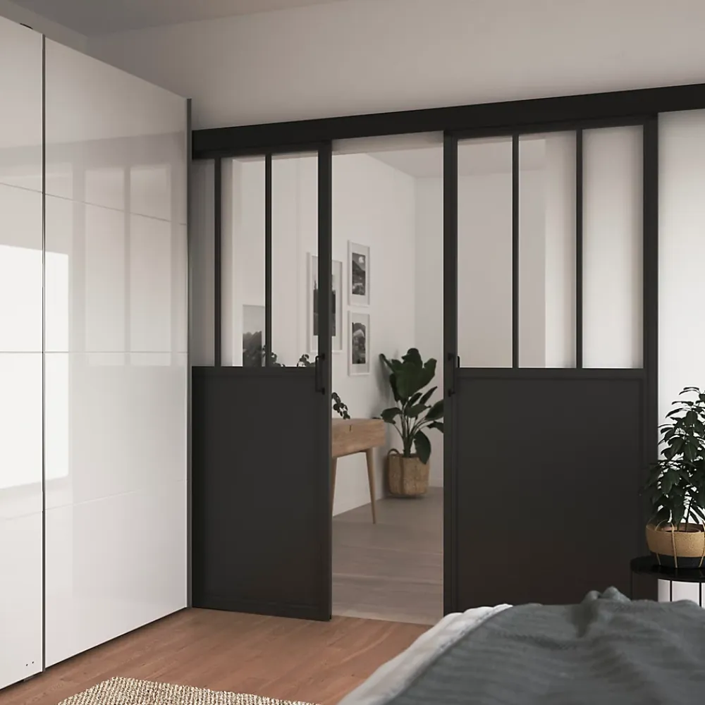 Porte Coulissante<Porte coulissante Atelier noire 3 vitrages H.204 x l.83 cm