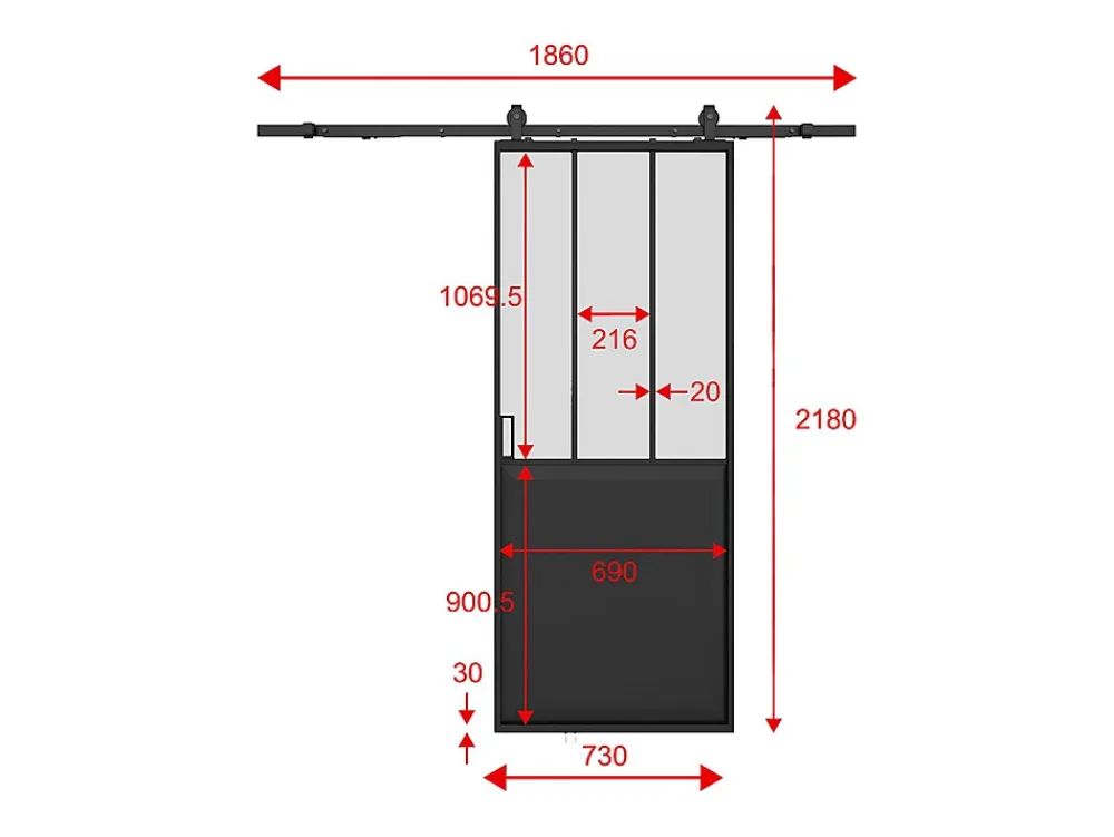 Vente-unique Porte coulissante atelier avec système en applique - Noir et verre trempé dépoli - H205 x L73 cm - ARTISTO II- Porte Coulissante