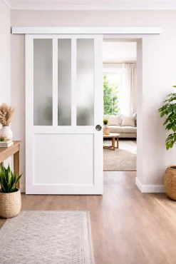 Gd Menuiseries Porte Coulissante<Porte Coulissante Atelier Blanc Vitre Depoli H204 X L73, Rail Alu Bandeau Blanc, Coquilles