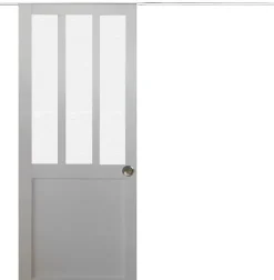 Gd Menuiseries Porte Coulissante<Porte Coulissante Atelier Blanc Vitre Depoli H204 X L73, Rail Alu Bandeau Blanc, Coquilles
