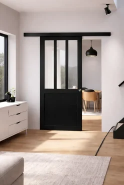 Gd Menuiseries Porte Coulissante<Porte Coulissante Atelier Noir H204 X L93, Rail Alu Bandeau Noir, Coquilles