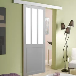 Gd Menuiseries Porte Coulissante Atelier Blanc H204 X L93, Rail Alu Bandeau Blanc- Porte Coulissante