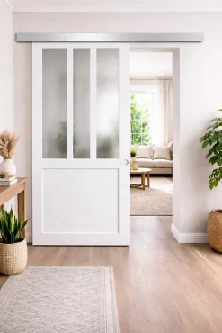 Gd Menuiseries Porte Coulissante<Porte Coulissante Atelier Blanc Vitre Depoli H204 X L73, Rail Alu, Coquilles Blanc