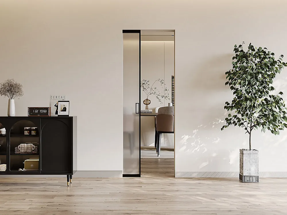 Vente-unique Porte Coulissante<Porte coulissante avec système à galandage - aluminium et verre trempé dépoli - H205 x L93 cm - LINCI II