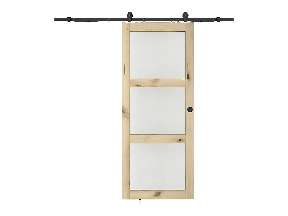 Vente-unique Porte coulissante avec système en applique en bois et verre trempé dépoli - 3 fenêtres - H205 x L63 cm - ACOSTA II- Porte Coulissante