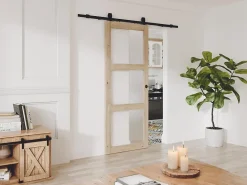 Vente-unique Porte coulissante avec système en applique en bois et verre trempé dépoli - 3 fenêtres - H205 x L63 cm - ACOSTA II- Porte Coulissante
