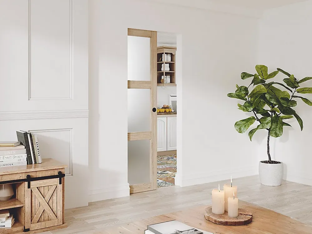 Vente-unique Porte coulissante avec système à galandage en bois et verre trempé dépoli - 3 fenêtres - H205 x L63 cm - ACOSTA II- Porte Coulissante