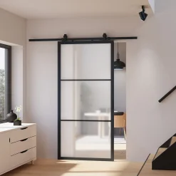 Schulte Porte coulissante complète verre - 102x220 - Porte vitrée - Décor industriel Loftstyle - Satinée - Noir- Porte Coulissante