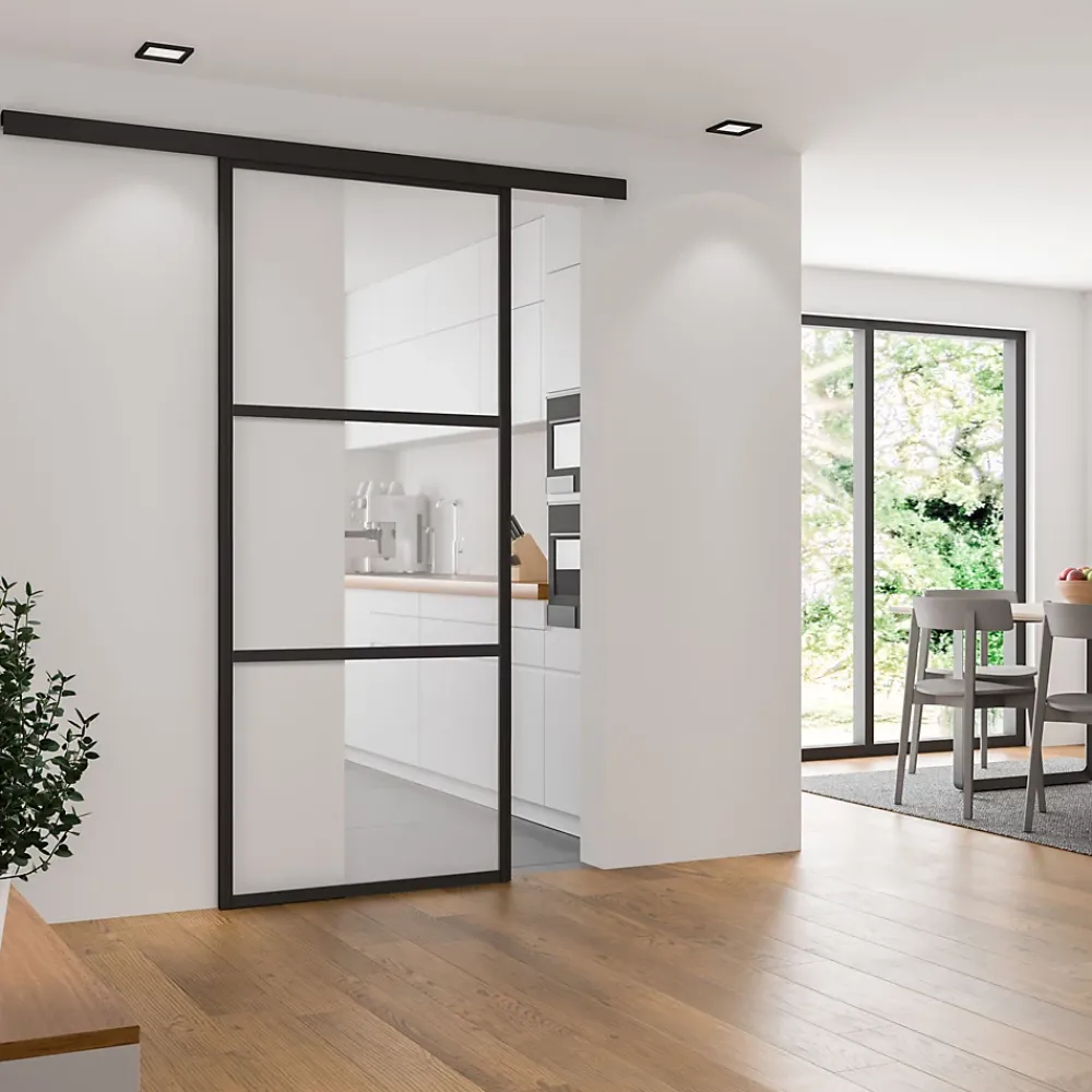 Schulte Porte Coulissante<Porte coulissante complète verre - 102x220 - Porte vitrée - Décor industriel Loftstyle - Transparent - Noir