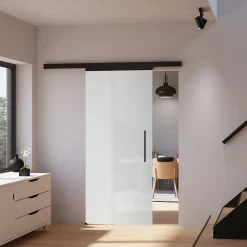 Schulte Porte Coulissante Complète 90x203 - Rail Noir -porte Vitrée - Verre Sablé - Poignée Barre-double Softclose- Porte Coulissante