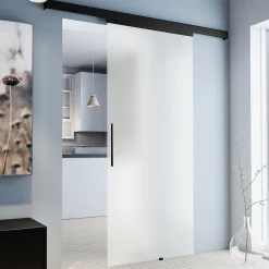 Schulte Porte Coulissante Complète 90x203 - Rail Noir -porte Vitrée - Verre Sablé - Poignée Barre-double Softclose- Porte Coulissante