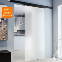 Schulte Porte Coulissante Complète 90x203 - Rail Noir -porte Vitrée - Verre Sablé - Poignée Barre-double Softclose- Porte Coulissante