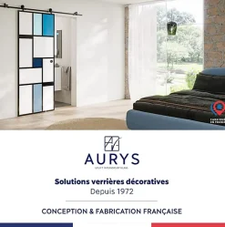 Aurys Porte Coulissante<Porte coulissante en verre seule (rail non inclus) - MONDO OPAQUE BLEUE - H. 204 x L. 93 - Fabrication Française NORMANDIE