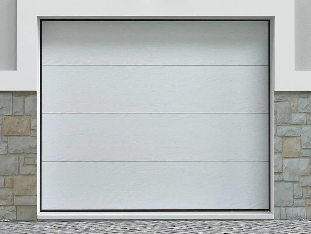 Somfy Porte de garage sectionnelle effet bois blanc avec moteur L254 x H218 cm - PRIETA- Porte De Garage Sectionnelle