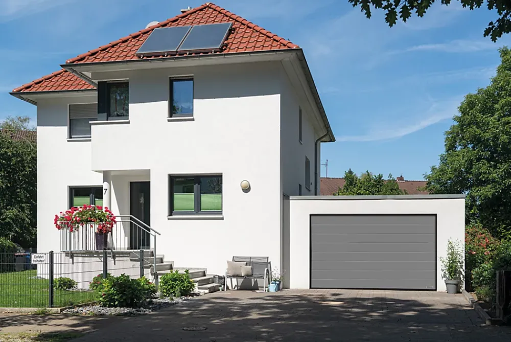 Hormann Porte De Garage Sectionnelle<Porte de garage sectionnelle acier WoodGrain gris aluminium RAL 9007 - l.250 x h.212,5 cm - motorisée